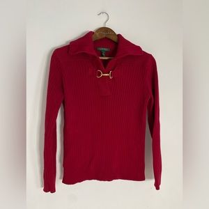 Ralph Lauren Collar Red Ribbed Sweater Gold Fastening Quiet Luxury Size L